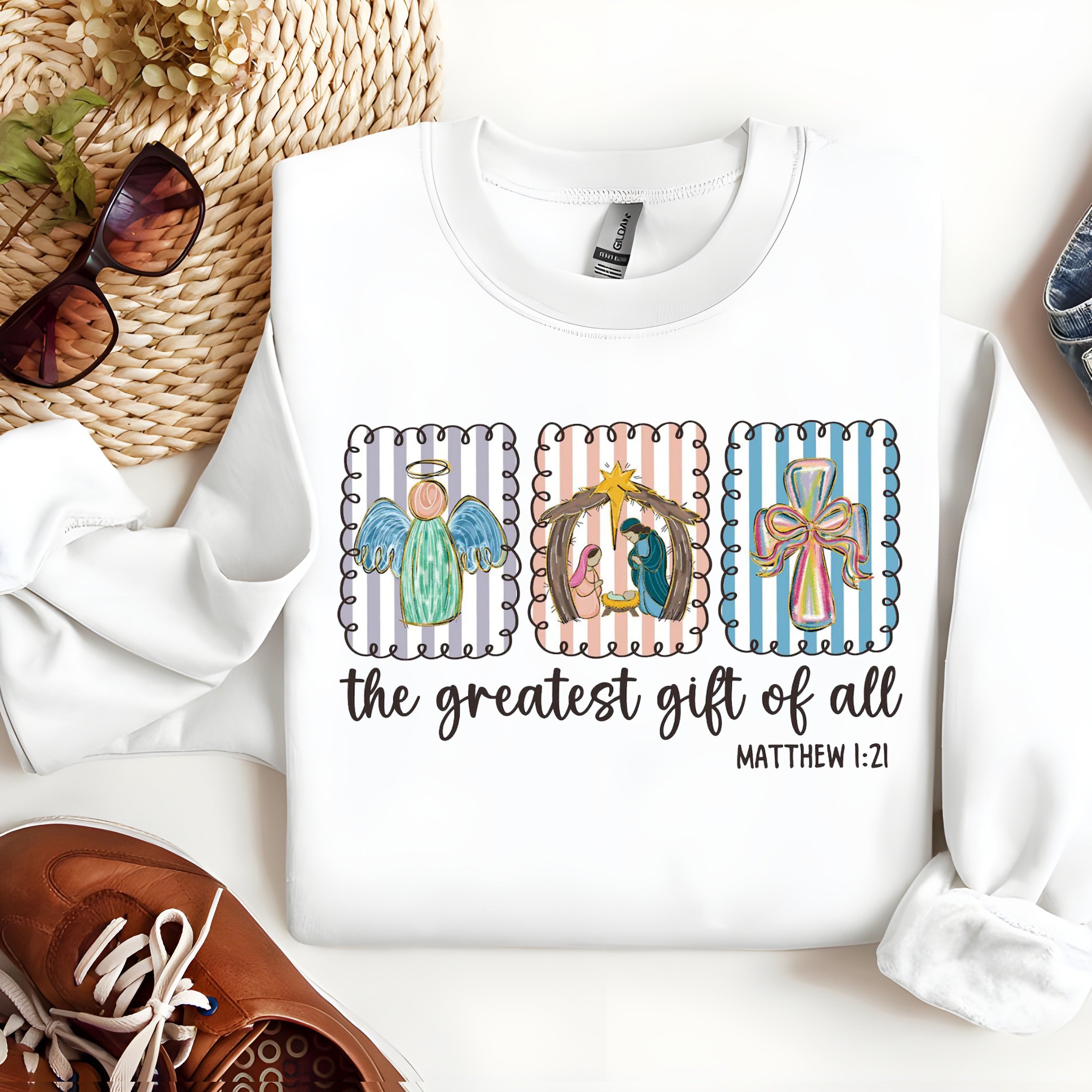 Greatest Gift of All Christmas Sweatshirt, Matthew 1:21 Bible Verse Pullover, Christian Nativity Angel Cross Crewneck